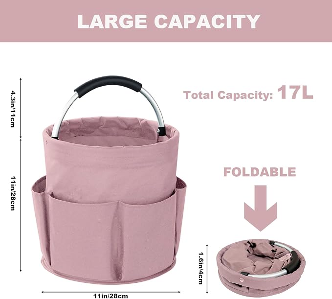 Cleaning Caddy with Handle, 17L Foldable Cleaning Supplies Organizer, Portable Storage Basket, Cleaning Supply Caddy, Multifunctional Cleaning Bucket Bag for Garden, Home, Kitchen (Pink)