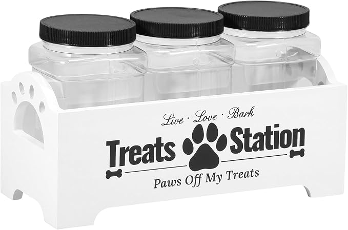 Dog Treat Container, Food Storage Container with 3 Plastic Dog Treat Jars, Reusable Cat Treat Container, Pet Treat Storage Organizer, Wood Dog Treat Holder, Dog Food Container for Dog Cat(white)
