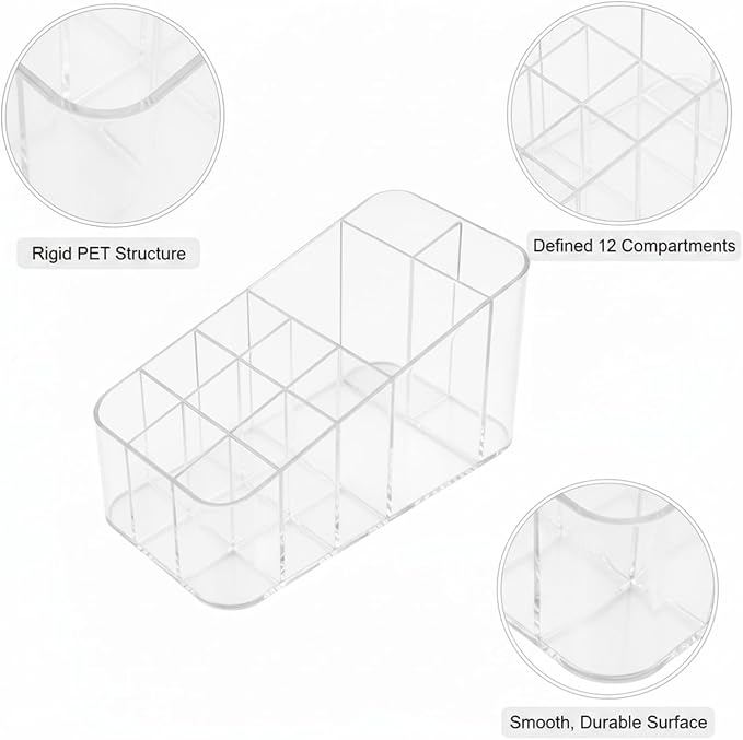 Cosmetic Organizer with 12 Compartments, Transparent PET Storage Box for Lipstick and Makeup, Vanity Countertop Caddy (1 PC)