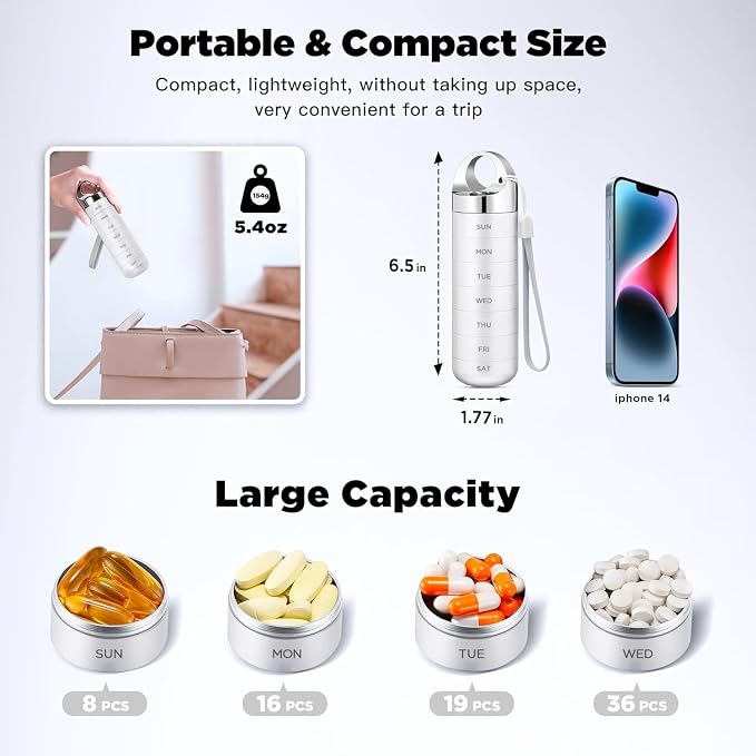 Zannaki Metal Travel Pill Organizer, Portable Waterproof Weekly Pill Box, Large Aluminum Alloy Pill Case Container, BPA Free 7 Day Daily Medicine Organizer Holder for Vitamin, Fish Oil, Supplement