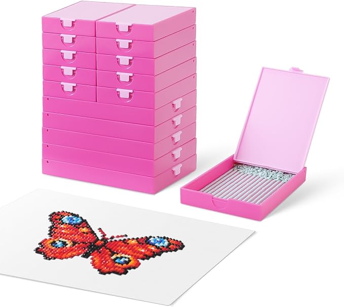 CATEARED Trabricks 2-in-1 Stackable Diamond Art Trays With Lids, Diamond Art Storage, Craft and Bead Storage Organizer & Line-Up, Box Package (Pink, 15 piece Tray Kit)