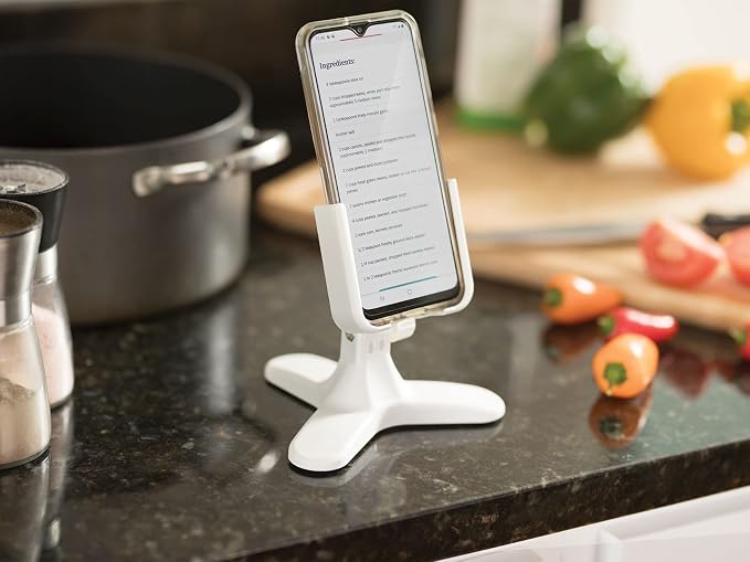 WeatherTech DeskFone in White - Adjustable, Universal Cell Phone Holder Mount Stand for Desk, Counter, Table - Tripod Design for iPhone & Smartphone Charging - Gold Metal Knobs
