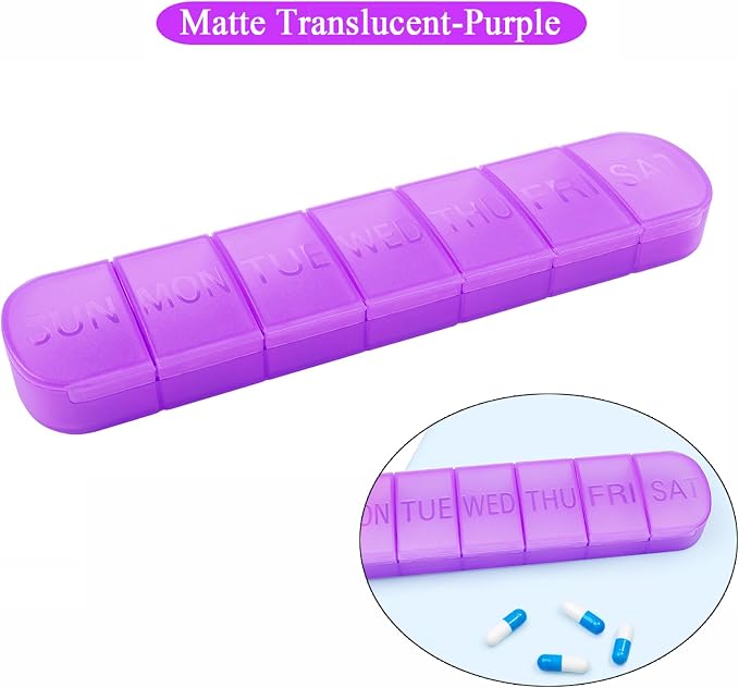 Weekly Pill Organizer, Once a Day, 7-Day Pill Box Container Tablet | Matte Purple, Large 7 Compartment Vitamins Case Pill Dispenser for Medicine, Medication, Fish Oils, Supplements, Capsule