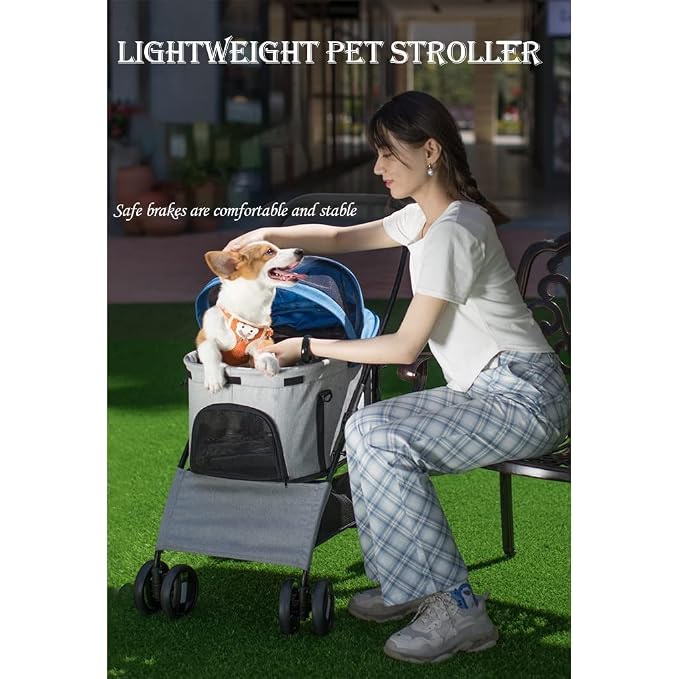 Pet Stroller Dog Stroller Foldable 3-in-1 Travel Cat Carriers & Strollers 4 Wheels Puppy Stroller with Storage Basket Portable Dog Stroller (Color : Blue)