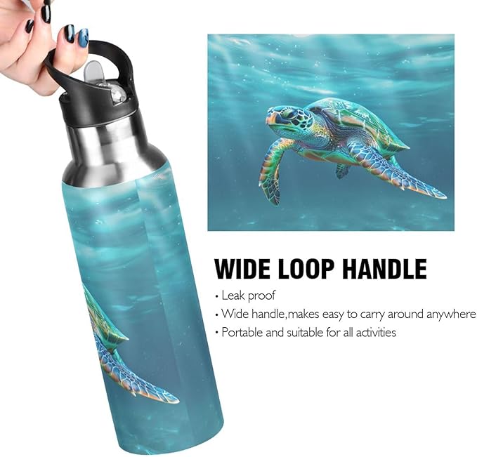 Turtle Teal Underwater Water Bottle with Straw Lid Kids Insulated Stainless Steel Water Flask Sports, 20 Oz Hot Cold