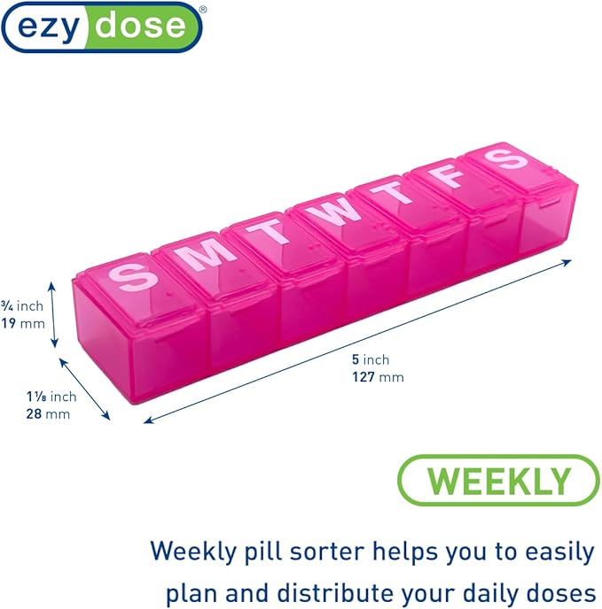 Ezy Dose Weekly (7-Day) Pill Organizer, Medium Planner, Pink, BPA-Free | Compact Daily Vitamin & Supplement Medicine Case, Pop Up Compartments, Convenient and Easy to Use, Travel-Friendly, BPA-Free