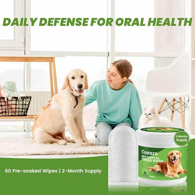 Dog Dental Wipes for Teeth Cleaning - Removes Plaque & Tartar, Effective Toothbrush & Toothpaste Alternative Kit Finger Pet Dental Care Pads, Fresh Breath for Dogs & Cats - 60ct, Unscented