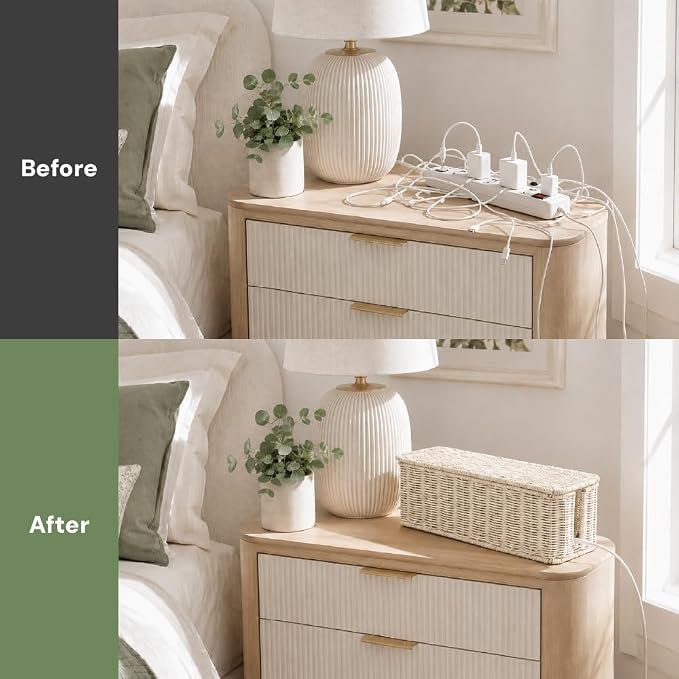 Cable Management Box, Handmade Rattan Cord Organizer for Power Strip | Open Slots Cord Hider for Power Strip, Router & USB Hub, Registered U.S. Design Patent