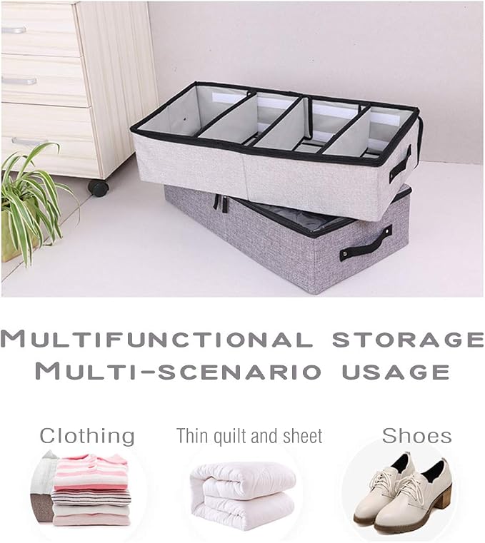 AARAINBOW 2 Packs Foldable Under Bed Shoes Organizer with Lids, Underbed Clothes Storage Container with Divider, UnderBed Storage Bins Box with Clear Window (Gray+Coffee)