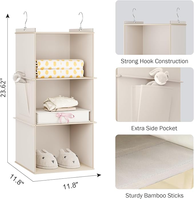 YOUDENOVA Hanging Closet Organizer and Storage for Clothes, 3-Shelf, Beige | Locker/RV/Camper Organizer, Side Pocket, Hanging Shelves for Small Closet, Dorm Room Essentials for Guys, Breathable Fabric