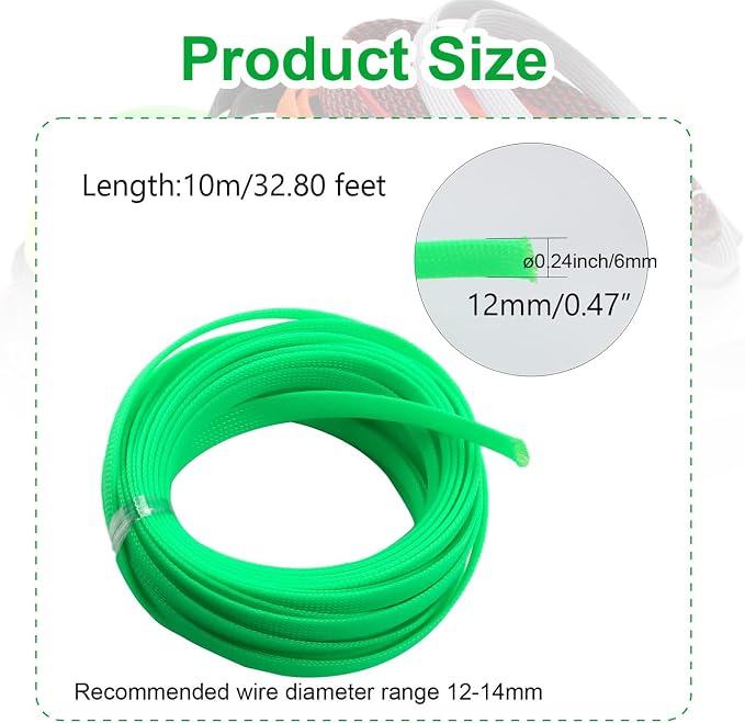 Heyiarbeit 10m/32.8ft PET Expandable Braid Cable Sleeving Flexible Wire Mesh Sleeve Fluorescent Green 12mm