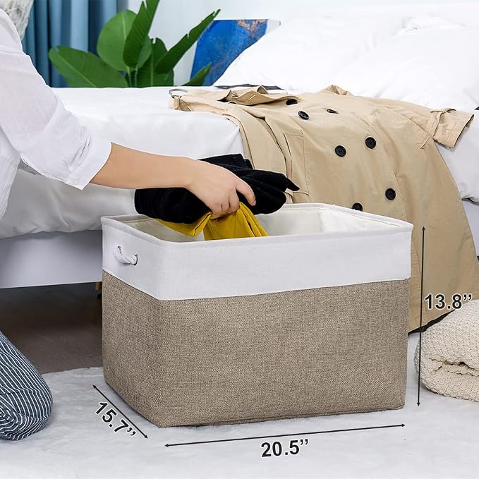 Organization Basket - 20x16x14 inch Jumbo 3 Pack Collapsible Storage Bins for Shelves, Fabric Storage Cubes for Closet Organizer Gift Toy (White & Khaki)