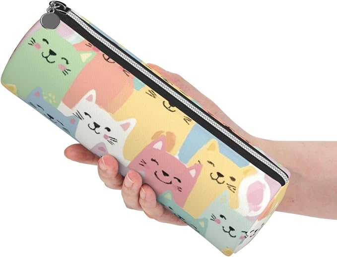 OSAM SPACE Leather Pencil Case Round Pencil Bag Cute Cats Pet Pen Organizer Holder Portable Zipper Pouch Cute School Supplies for Girls Boys Study Office
