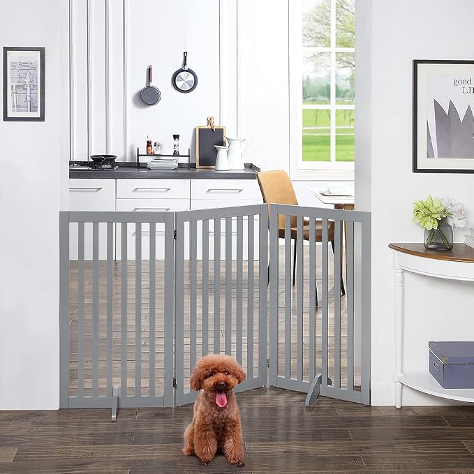 unipaws 36”H Free Standing Pet Gate for Dog Cat, 60”Wide Wooden Dog Gates | Foldable Pet Fence for Doorway, Stairs, Step, Expandable Doggy Barrier, Indoor Use