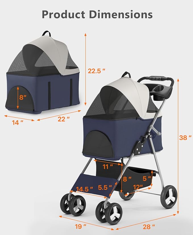 OS MOTOR 4-Wheel Pet Stroller for Small Medium Pets, Navy Blue | Foldable Detachable Carrier, Rear Wheel Breaks, Storage Basket, Visible Mesh Weather Cover, Portable, Dog, Cat, Puppy, Kitty