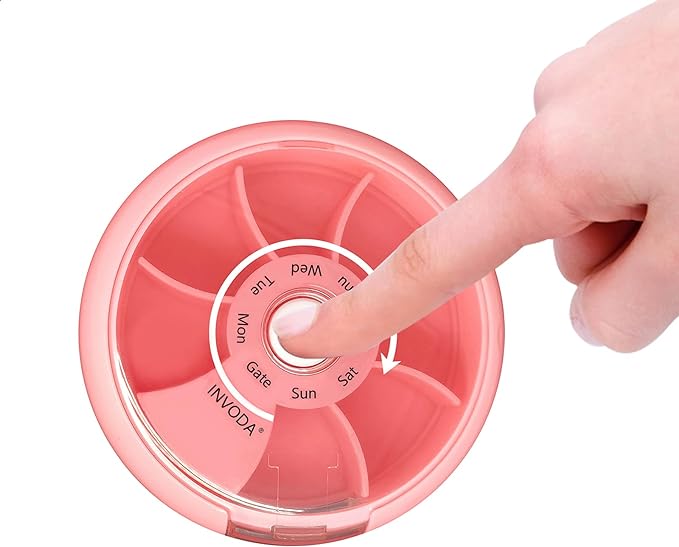 INVODA Weekly Pill Organizer 7 Compartment Rotating Pill Box for Daily | Cute Round Pill Organizer Fit purse pocket or backpack Portable Travel Pill Case for Fish Oil Supplements Vitamins Medication