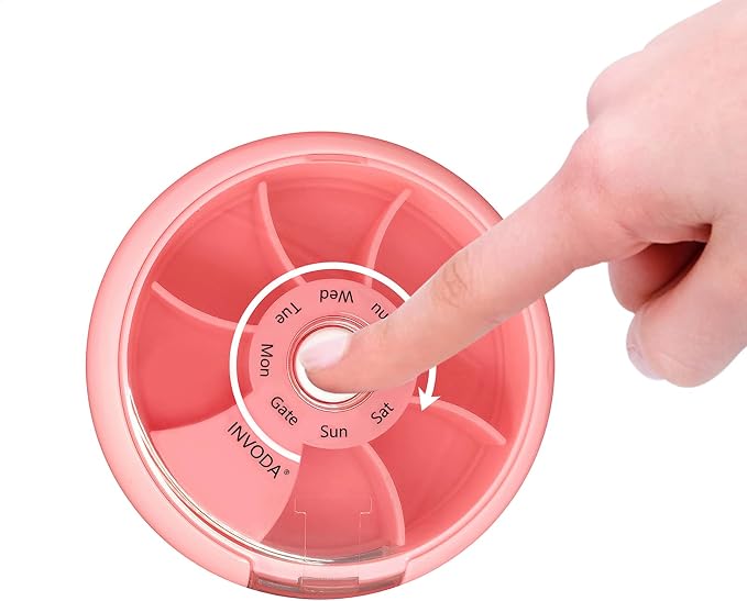 2PCS INVODA Weekly Pill Organizer 7 Compartment Rotating Pill Box for Daily | Cute Round Pill Organizer Fit purse pocket or backpack Portable Travel Pill Case for Fish Oil Supplements Vitamins Medication