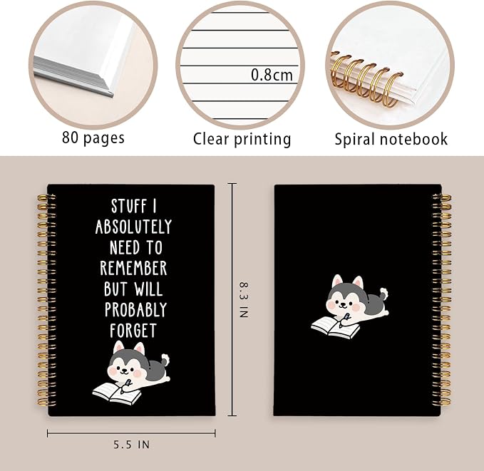 LIANGW Funny Husky Notebook Journal Gifts for Women & Men | Gifts for Husky Lovers Notebooks, Funny Gifts for Coworkers, Black Hardcover Spiral Notebook 5.5x8.3 Inch