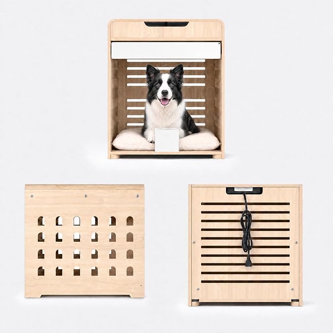 Modern Dog Crate Furniture Wooden Kennel Charging Station End Table Oak | Nightstand, Dog Cage Indoor, up to 110 lb, Flip-Up Acrylic Door, Storage Drawer, for Large Medium Dogs, Living Room Bedroom