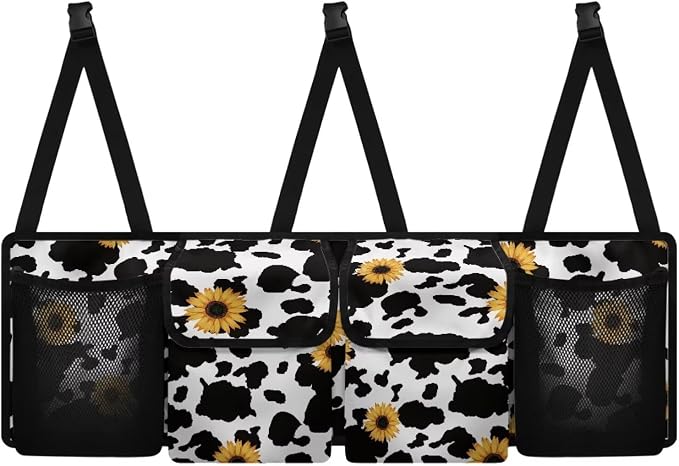 Cow Print Sunflower Car Organizers Storage - Hanging Trunk Bag, 4-Section Back Seat Design Car/SUV/Truck Accessories