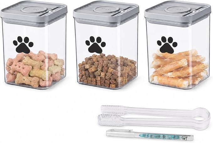 3-Pack Airtight Pet Treat Jars | 48oz Clear Dog & Cat Food Storage Container | Dog Cat Treat Container for Kitchen Counter | Small Dogs Kibble Bin | Dog Cookie Jar - BPA free