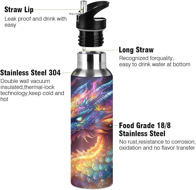 Colorful Rainbow Dragon Water Bottle with Straw Lid Kids Insulated Stainless Steel Water Flask Sports, 20 Oz Hot Cold