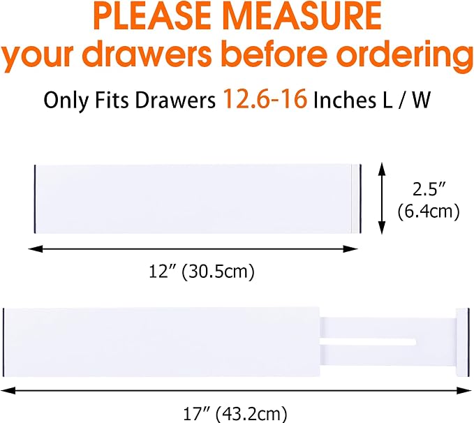 Bamboo Drawer Dividers, Adjustable Drawer Organizers, Fits 12.6–16" Drawers | 2.5" High, 4 Pack Expandable Drawer Separators for Kitchen, Nursery, Dressers & Office Storage, White