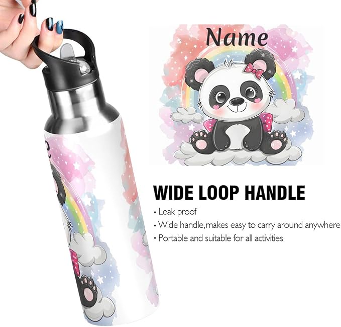 Custom Name Cute Cartoon Panda Rainbow Water Bottle with Straw Lid Kids Insulated Stainless Steel Water Flask Sports, 20 Oz Hot Cold