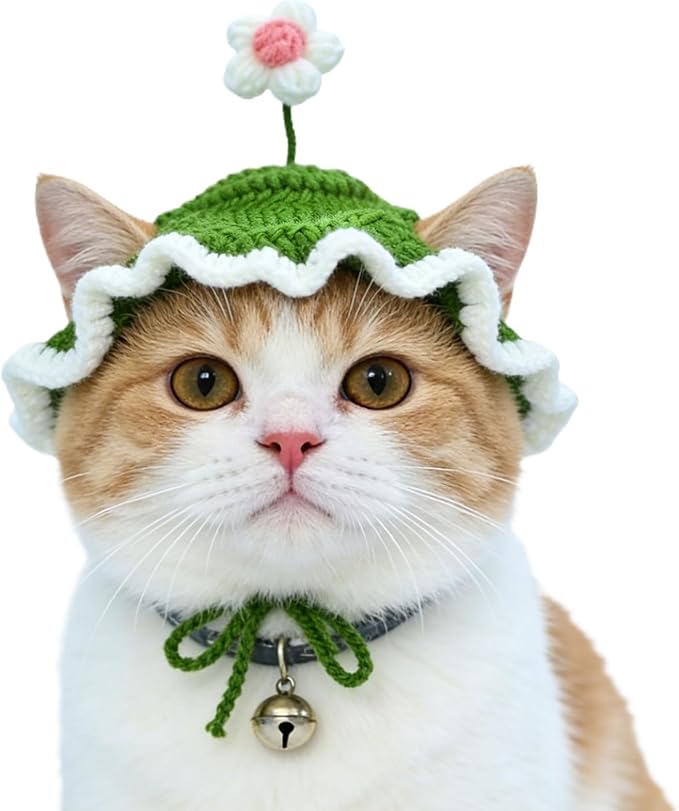 Flower Cat Hat, Cotton & Soft Cute Knitted Hats for Cats Birthday Party Spring Puppy Hat for Small Pets (Green,M)