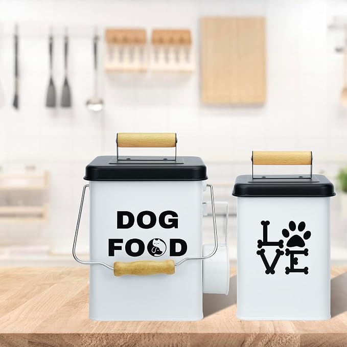 Dog Food Storage Container Set of 2 Dog Treat Container with Airtight Lids Dog Treat Jar with Scoop Metal Dog Food Holder with Wooden Handles for Kitchen Counter and Pantry Home Decor - White