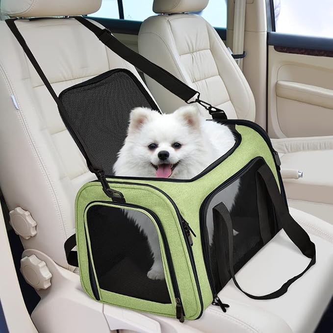Henkelion Pet Carrier for Small Medium Cats Dogs Puppies up to 15 Lbs, Airline Approved Small Dog Carrier Soft Sided, Collapsible Travel Puppy Carrier - Green (Pack of 2)