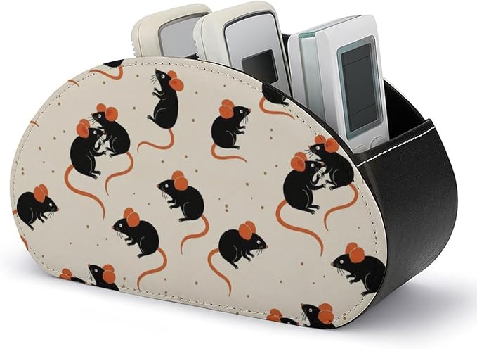 Remote Control Holder Cute Rat 5-Slot Office Storage Caddy Box | Makeup Brush Organizer, Pu Leather, Cute Rat Desktop Accessory for TV Remotes Media Player