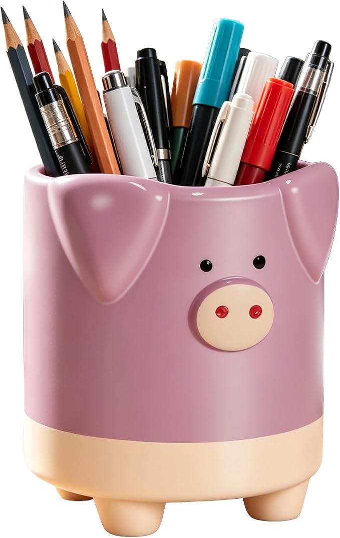 Ceramic Pink Pig Shaped Pen Pencil Holder for Desk Decoration Accessories Pig Decor Makeup Brush Pen Cups Succulent Plant Pot Office School Ideal Gifts for Women, Mom or Birthdays