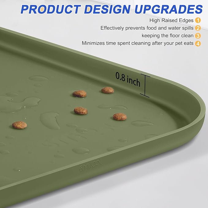 SMILOOL Silicone Pet Feeding Mat with Raised Edge for Food and Water, Dog Bowl Mats, Cat Bowls Placemat with High Lip for Floor Waterproof, Rubber Tray for Cats and Dogs 22 x 14 x0.8 Light Olive Green