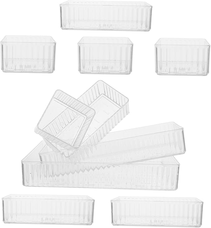 minkissy 10pcs Plastic Drawer Organizers Set with 13 Sizes, Stackable Pet Storage Boxes with Removable Dividers and Raised Edges, Easy to Clean Multi-use Vanity and Bathroom Counter