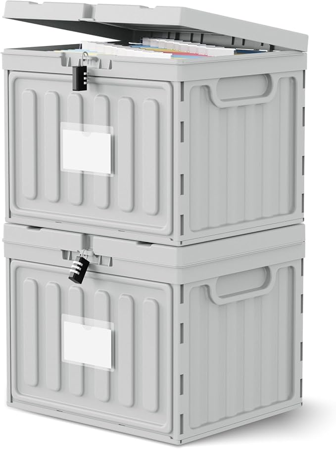 Oterri Lockable Stackable Plastic File Box with Lid for Letter-Size | Hanging File Folders Not Included. Grey, Large 2-Pack. Home, Office, Classroom, Dorm, Tax, Under Bed, Filing Cabinet.