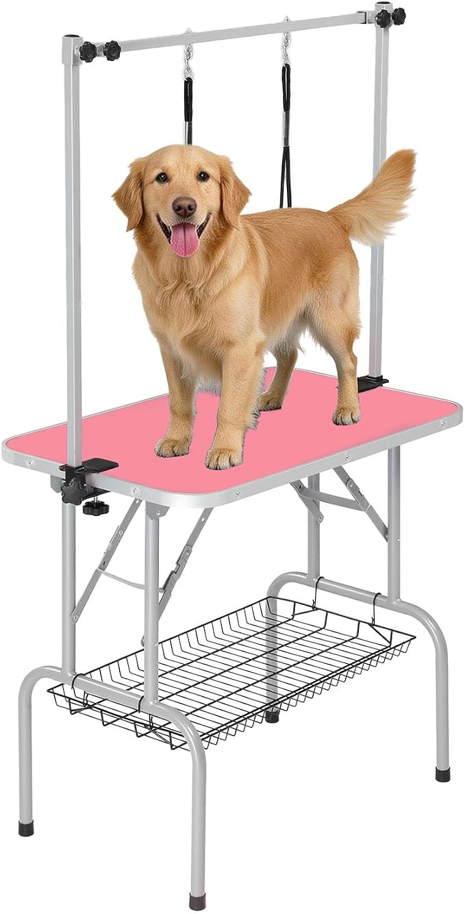 VINGLI Dog Grooming Table, Adjustable Cat Grooming Desktop with Arms and Storage Basket, Pet Grooming Stand at Home (Pink, 36 inch)