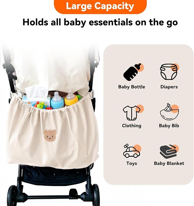 Universal Stroller Organizer Nylon Stroller Storage Bag for Baby Essentials | Large Capacity, Non-Slip, Adjustable, with Hook & Loop, Cargo Bag for Umbrella & Pet Stroller Accessories, Beige Bear