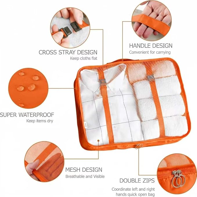 LANSKLBD 6/8 Set Packing Cubes for Suitcases Travel Luggage Packing Organizers,Travel Accessories Essentials Luggage Organizer with Shoe/Tioletry/Laundry Bag (Orange, 8 set)