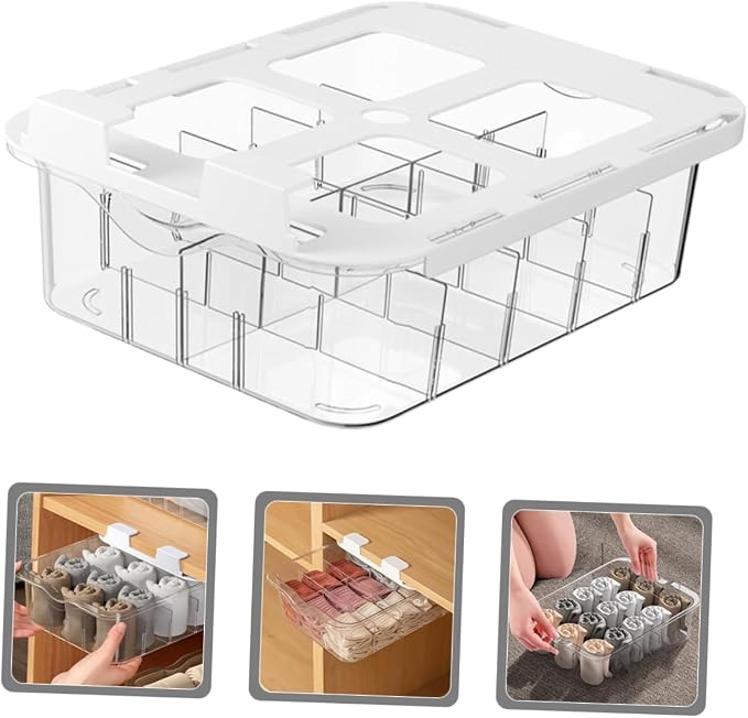 VOSAREA Drawer Organizer Box 15-Grid PET with Lid for Socks