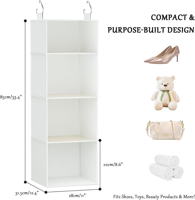 Hanging Closet Organizer with Bamboo Shelves - Foldable Closet Storage for Baby Clothes, Towels, Scarves,Space Saving Shelves Organizer (White)