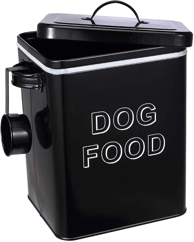 Morezi Metal Dog Food Storage Container Airtight Pet Food Treat Bin 6 lbs | Vintage Durable Canister Dog Treats Tin with Lid& Scoop for Kitchen Countertop, Shelf, Great Gift for Pet Owners(Black)