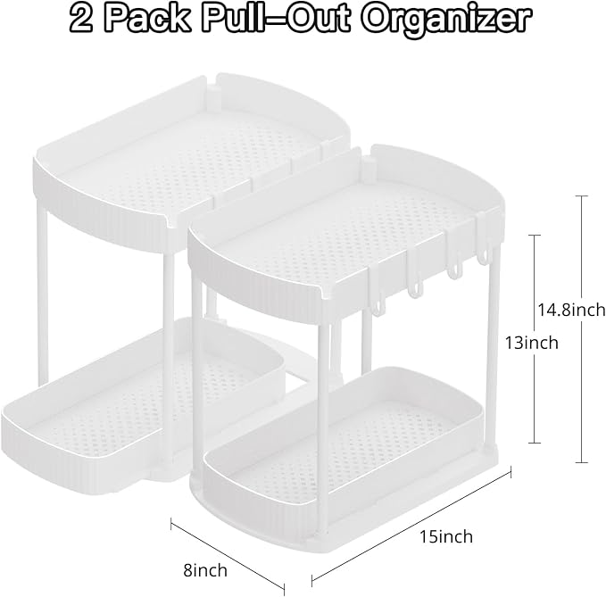 2 Packs Under Sink Pull-Out Storage Organizers, 14.8 Inches, White | Multi-Purpose Cabinet Organizers and Storage for Bathroom & Kitchen