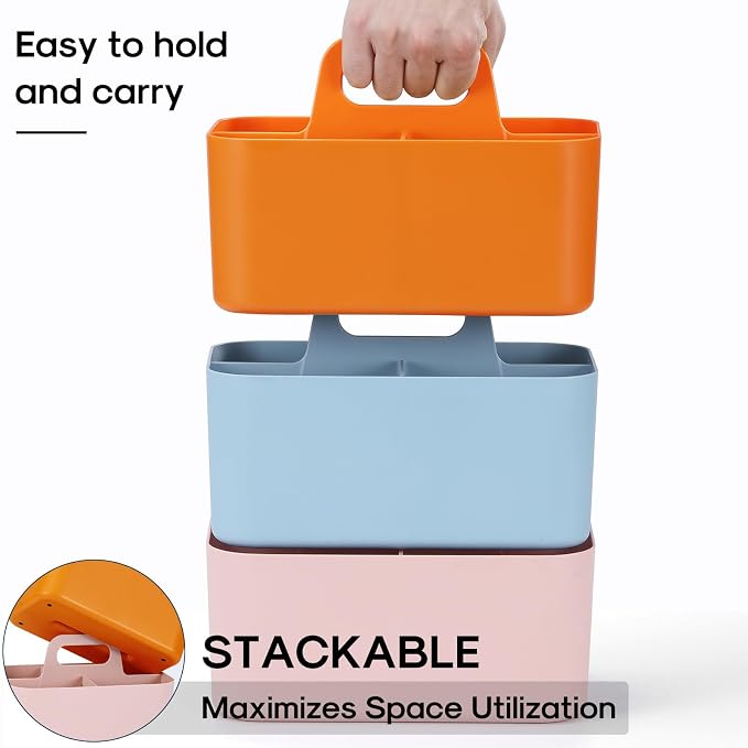 Multiuse Caddy Organizer with Handle, Portable Divided Plastic Tote Bin - Art Craft, Stationary Pen Marker Crayon, Makeup Hair Supplies Storage - Bathroom, Classroom, Dorm, Office, Desk Holder -Orange