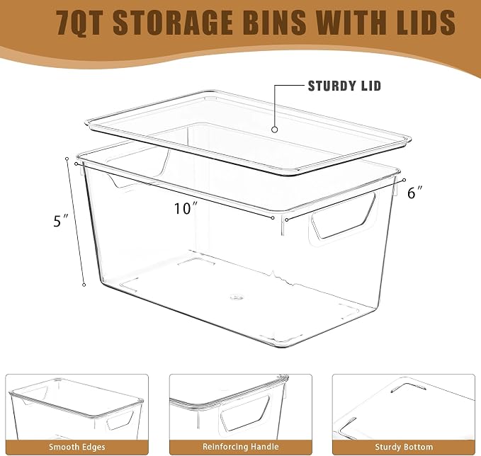 Freebat 12 Pack Clear Storage Bins with Lids, Middle Pantry 0rganizer Bins | Stackable Plastic Storage Containers, Pantry Organization for Office, Bedroom, Cabinet, Fridge,Kitchen Organization