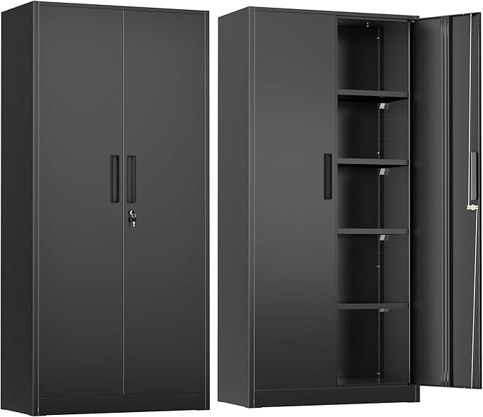 Greenvelly Metal Storage Cabinet, 72" Black Locking Storage Cabinets with Doors and 4 Shelves, Tall Tool Storage Cabinet for Garage, Steel Lockable File Cabinet Metal Locker for Home Office, Classroom