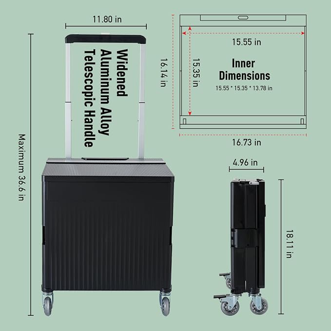 Folding Utility Cart Portable Rolling Crate Handcart Shopping Trolley Collapsible Tool Box, with Lid, on Rotate Wheels, for Grocery, Shopping, Office, Teacher, Camp,File (Black)