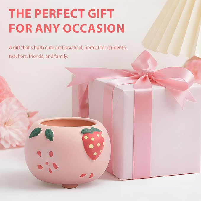 Ceramic Strawberry Shaped Pen Pencil Holder for Desk Decoration Accessories Strawberry Decor Makeup Brush Pen Cups Succulent Plant Pot Office School Ideal Gifts for Women, Mom or Birthdays (red)