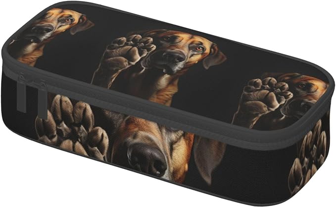 Dog Animal Pet Paw Print Large Capacity Layered Pencil Pouch, Zipper Storage Bag with Mesh Pocket & Pen Slots