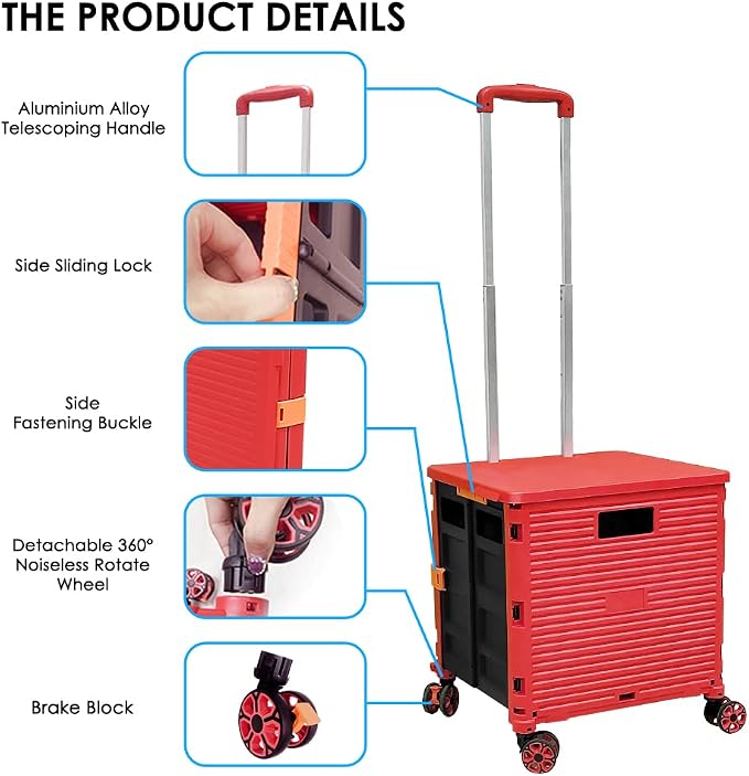 Foldable Utility Cart Portable Collapsible Crate Rolling Carts with Wheels Rolling Tote Basket Teacher Cart with Lid Wear-Resistant 360°Rotate Wheel Noiseless for Shopping Storage Office Use
